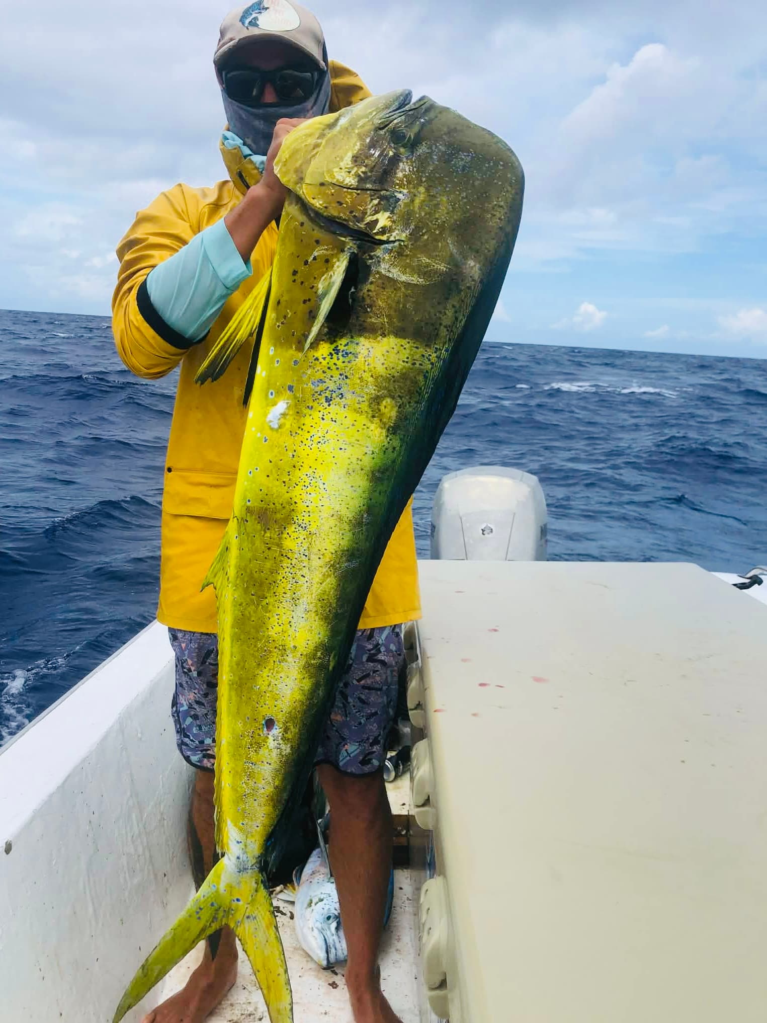 Fishing: Angler with a large mahi-mahi caught on the charter
