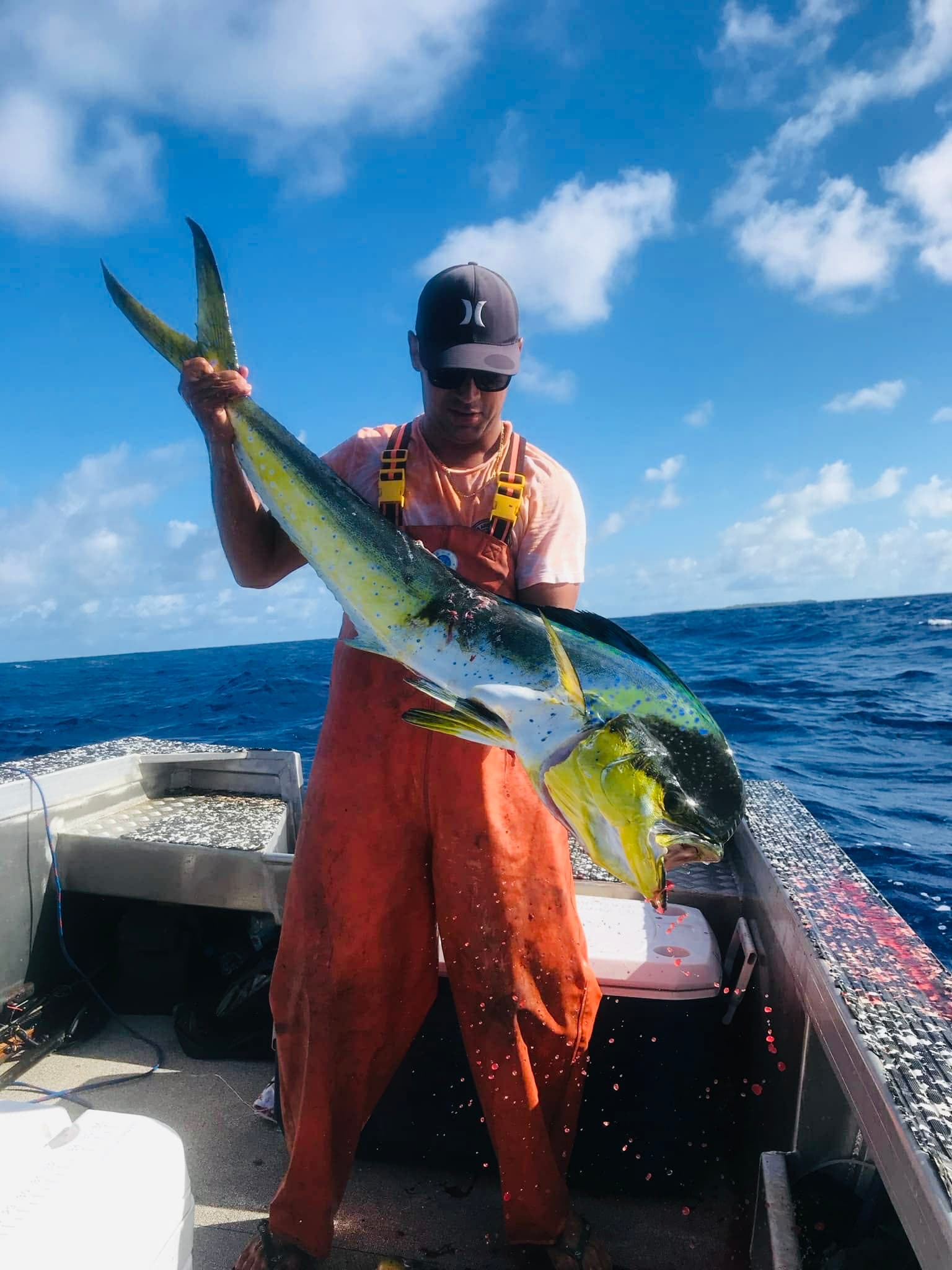Fishing: A freshly caught mahi-mahi held up on the boat
